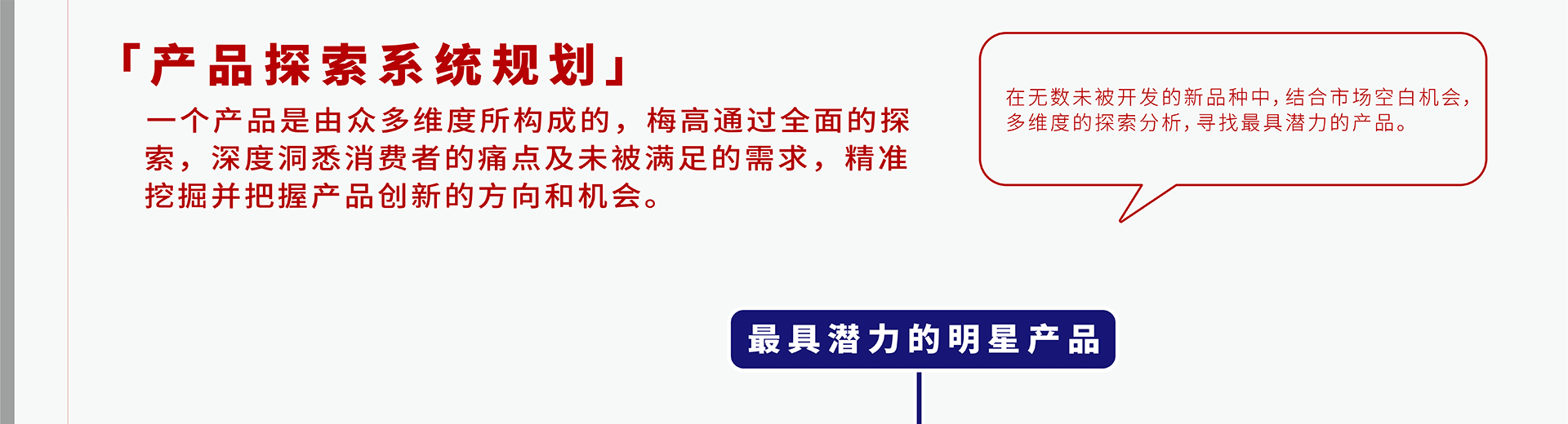一个产品是由众多维度所构成的，梅高通过全面的探索，深度洞悉消费者的痛点及未被满足的需求，精准挖掘并把握产品创新的方向和机会。在无数未被开发的新品种中，结合市场空白机会，多维度的探索分析，寻找最具潜力的产品。