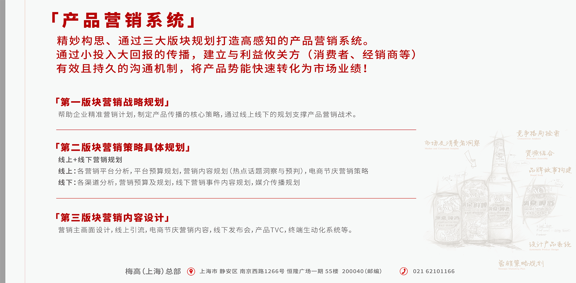 精妙构思、通过三大版块规划打造高感知的产品营销系统。通过小投入大回报的传播，建立与利益攸关方（消费者、经销商等）有效且持久的沟通机制，将产品势能快速转化为市场业绩！
第一版块 营销战略规划
帮助企业精准营销计划，制定产品传播的核心策略，通过线上线下的规划支撑产品营销战术。
第二版块 营销战略规划
线上+线下营销规划
线上：各营销平台分析，平台预算规划，营销内容规划（热点话题洞察与预判），电商节庆营销策略
线下：各渠道分析，营销预算及规划，线下营销事件内容规划，媒介传播规划。
第三版块 营销战略规划
营销主画面设计，线上引流，电商节庆营销内容，线下发布会，产品TVC，终端生动化系统等。